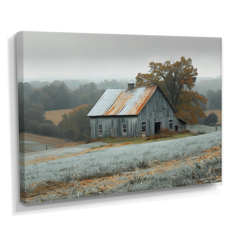 Hiver gris, automne, grange, ferme, patrimoine - art mural grange, H 34 po x l 44 po x P 1,5 po, Toile tendue