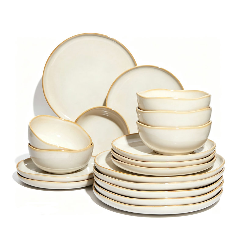 Service de table 18 pièces, ensemble de plats en céramique pour 6 personnes, émail réactif, jaune et blanc, Blanc jaune