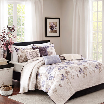 Courtepointe 6 pièces taupe avec coussins décoratifs, grand, courtepointe à images florales aquarelle, microfibre, réversible, coussins décoratifs brodés taupe, imprimé, tissu réversible à doux, inclus