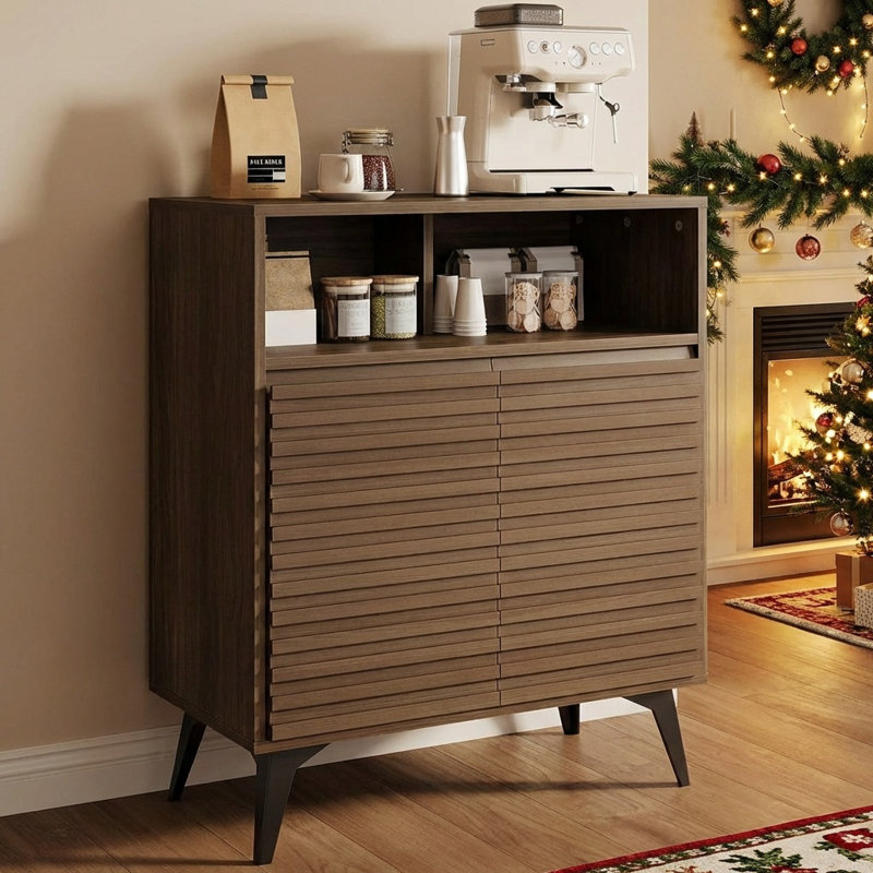 Modern Fluted Sideboard Buffet Cabinet with Adjustable Shelves & Metal Legs – 2-Door Storage Cabinet for Dining Room, Kitchen, Entryway & Coffee Bar