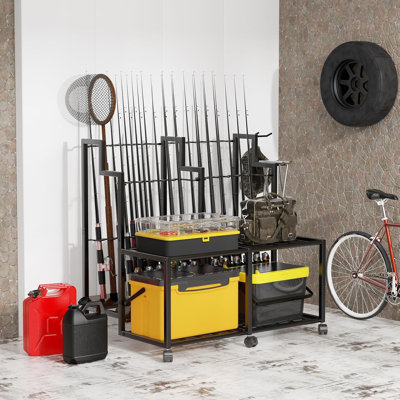 24 Rod Fishing Pole Rack Cart With Wheels, Fishing Rod Storage Organizer With Shelves