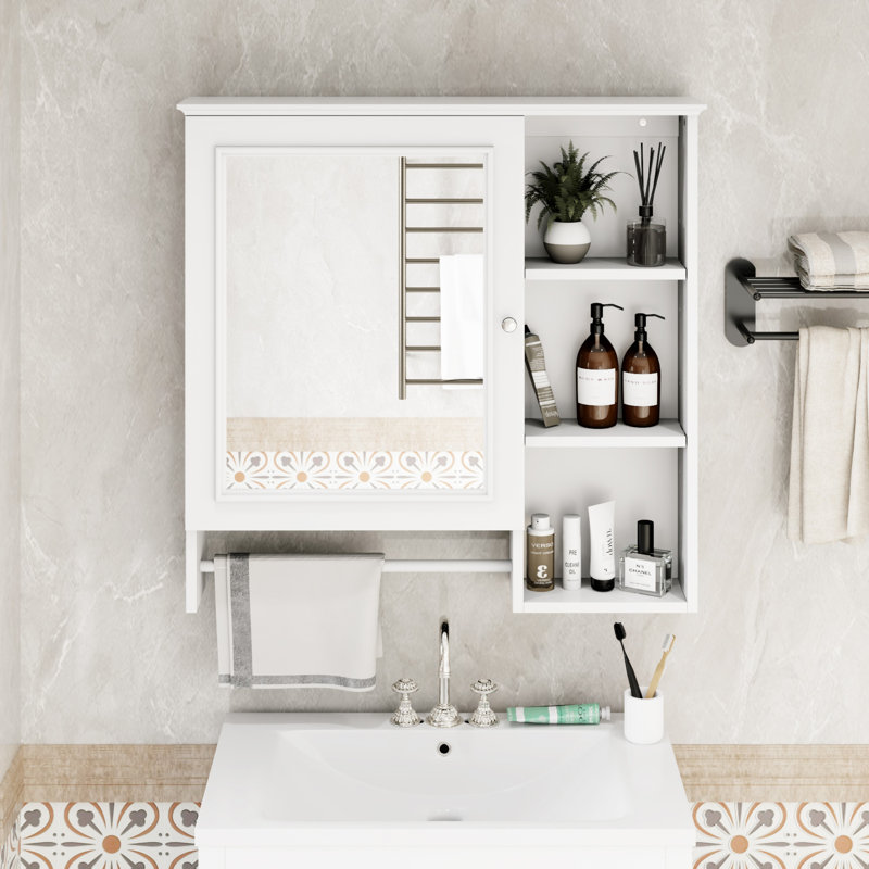 Armoire de rangement murale avec grande porte miroir, Blanc / argenté