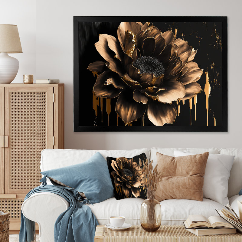 Dahlia noir et doré - Art mural sur toile floral et botanique, H 16 po x l 32 po x P 1 po, Cadre noir