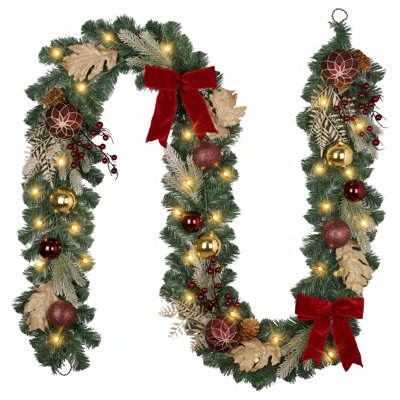  9 Feet Pre-Lit Christmas Garland with Lights for Mantle, Lighted Outdoor Xmas Garland with Red Gold Ball Ribbons for Home Stairs Centerpiece Indoor Holiday Party Decor