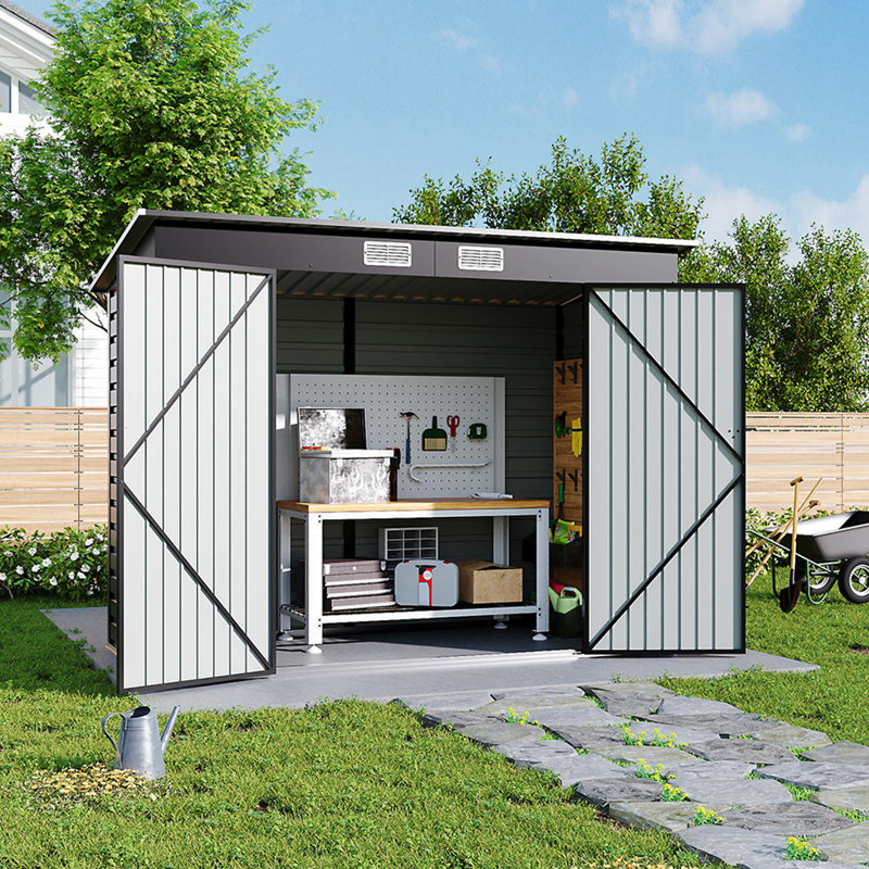 Outdoor Galvanized Steel Storage Shed with Dual Doors, Charcoal Black