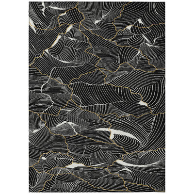 3' X 5' Black Ivory And Gold Abstract Washable Indoor Outdoor Area Rug