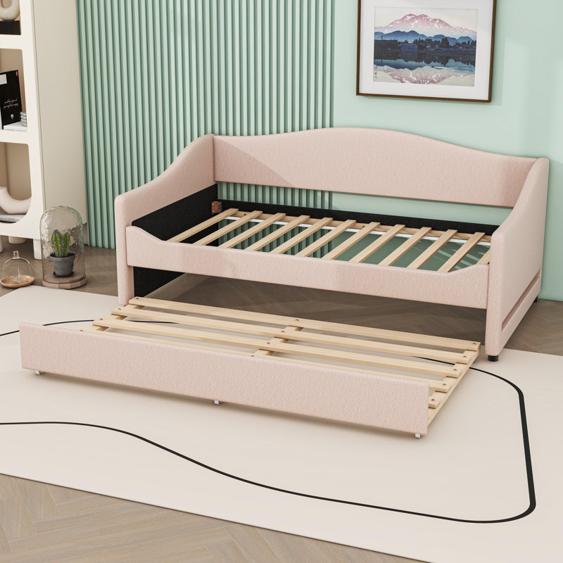 Upholstered Daybed with Trundle and LED Lights, Beige, Twin