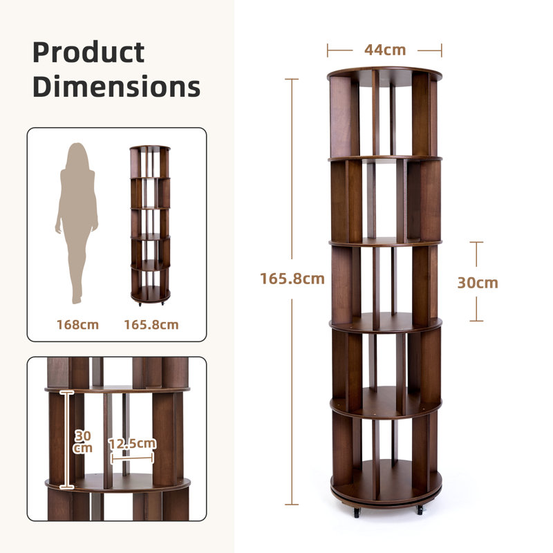 Étagère pivotante à 5 niveaux en bois d'hévéa massif avec roulettes verrouillables, tablette de rangement verticale étroite pour salon, chambre ou bureau