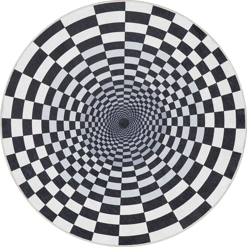 Kehr 3D Portal Novelty Black White Printed Distressed Machine Washable Area Rug, Round 6'7" 