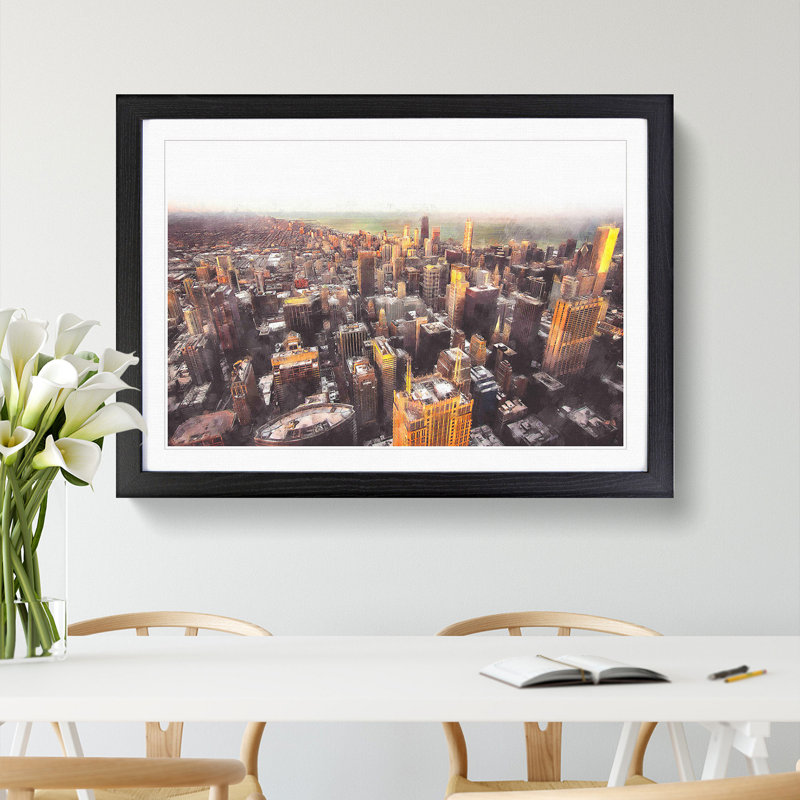 Flying over the Chicago Skyline - Picture Frame Graphic Art Print, 45cm H x 63cm W x 2cm D, Black Framed