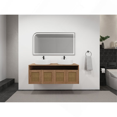 48" Bathroom Vanity with White Ceramic Art Sink, 4-Soft Close Door, Float Mounting Design, Plywood