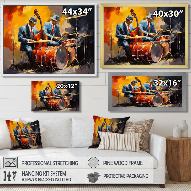 «Blue suit Jazz Duo Drums - Musician Wall Art Decor», Toile tendue, H 30 po x l 40 po x P 1,5 po