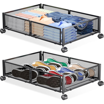 Under Bed Storage with Wheels, 2 Pack Under Bed Shoe Storage Organizer Drawer, Tool-free Assembly Metal Underbed Storage Containers for Clothes, Shoes, Toys