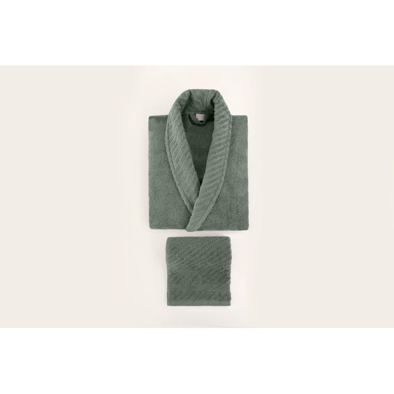 Cotton Mid-Calf Bathrobe, Green/White