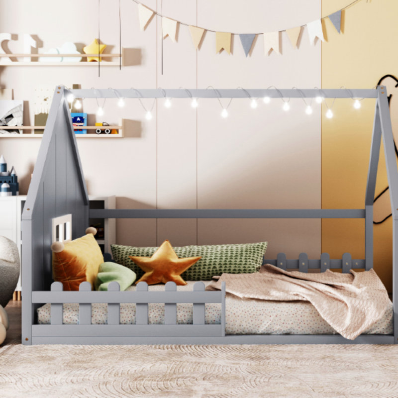 Full Size Wood House Bed With Window And Fence, Bed Frame, Gray