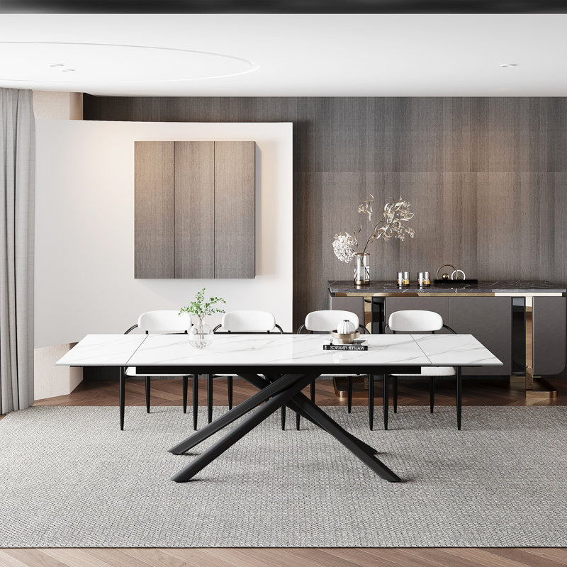 Louina 70.8" to 102.3" Extendable Rectangular Dining Table with Fabric Chairs Dining Set, 11, White/Black, White
