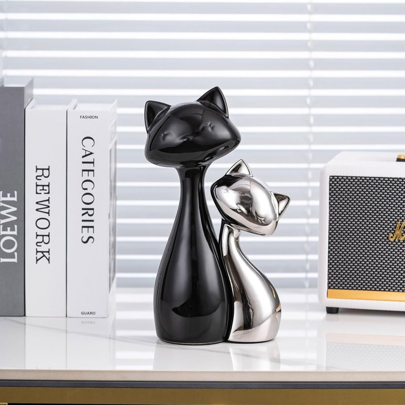 Ceramic Cat Figurine Set (2-Piece) Black & Silver Cat Decor
