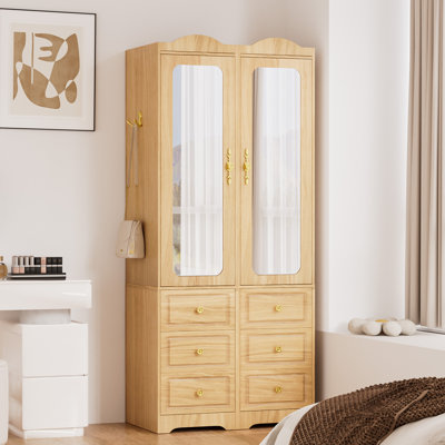 Armoire Wardrobe Closet & Wardrobe Cabinet With 6 Drawers And 2 Mirrors & With Hanging Rod & Sensor Lights