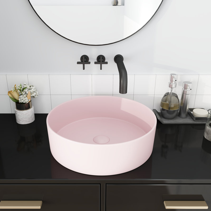 Ceramic Circular Vessel Bathroom Sink Art Sink, Pink