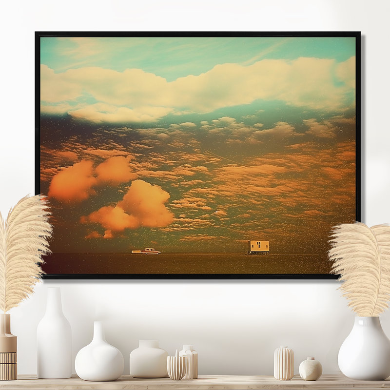 «A Car A House Clouds And Meadow Vintage», art mural nuages, Cadre flottant noir, bois massif, H 12 po x l 20 po