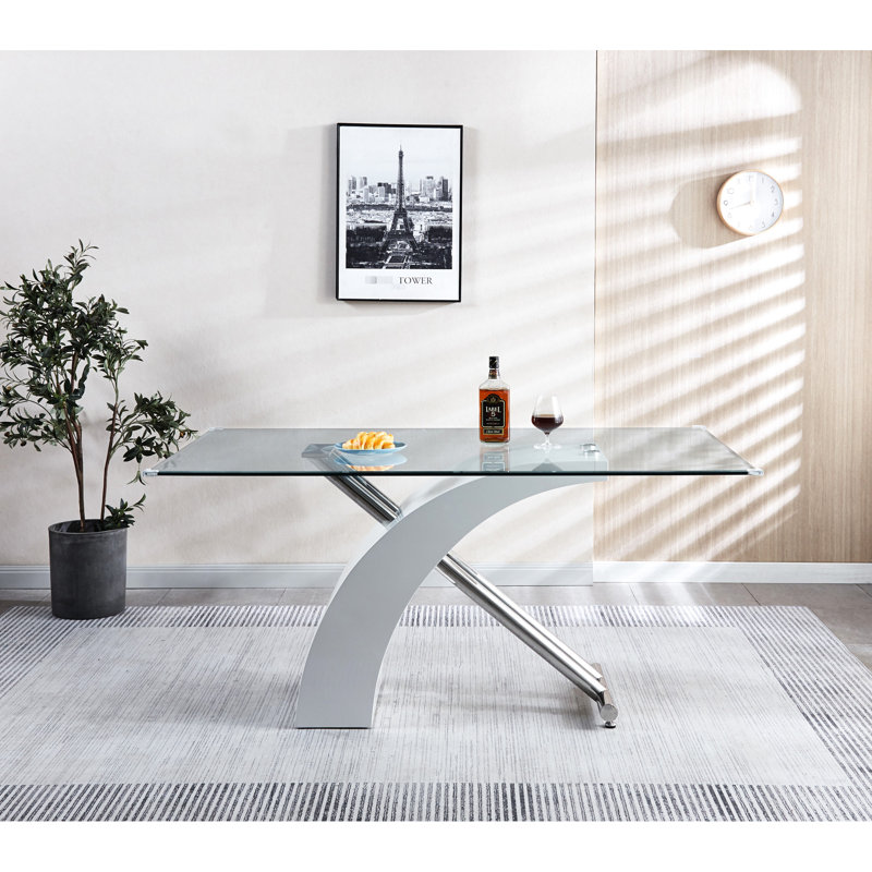 Stylish Modern Dining Table With 0.39" Thick Tempered Glass Top, Lacquer - Coated Base, Accented Accents, White Main Colour, 64.4 In Depth, 34.83 Width, Perfect For Room, Assembly Needed Luxury