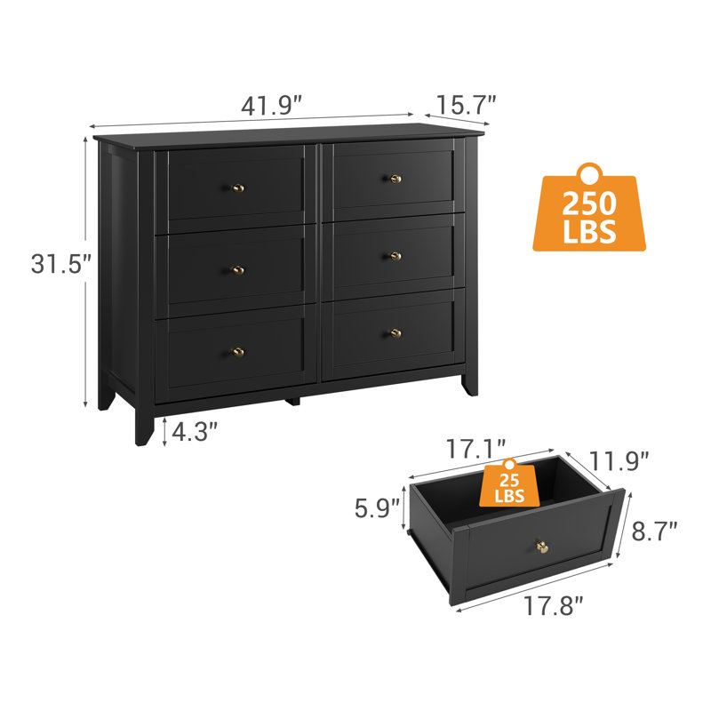 Commode 6 tiroirs, Noir, noir, noir, noir