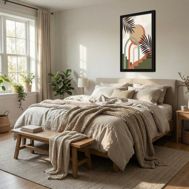 Abstrait paysage tropical abstrait avec des feuilles de palmier et des arches, H 18 po x l 12 po