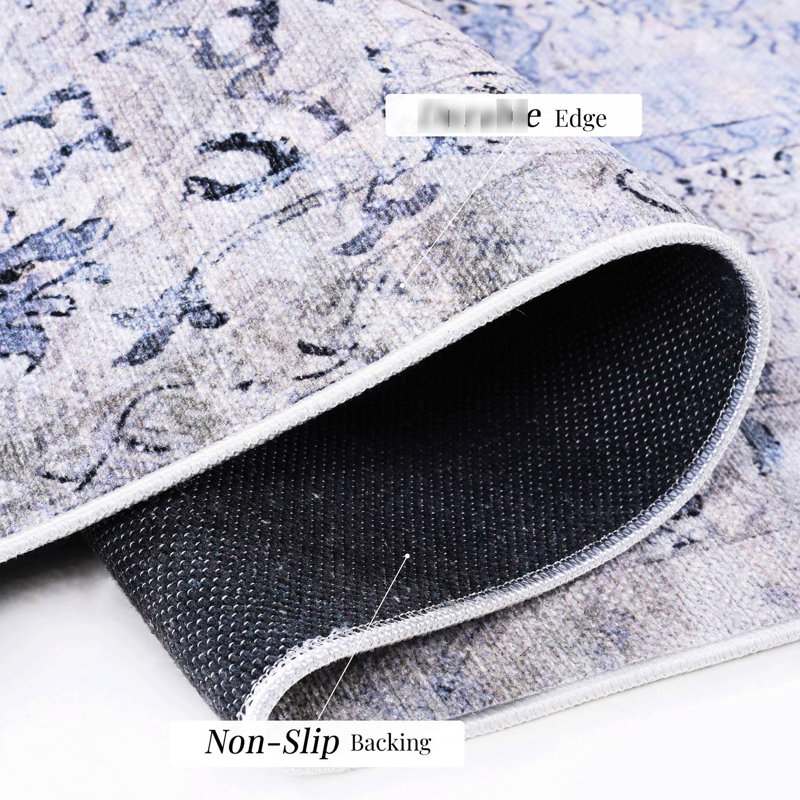 Tapis lavable pour salle à manger - antidérapant, antidérapant, pliable, résistant aux taches et aux animaux de compagnie (bleu + crème, 2 pi 6 po x 10 pi)