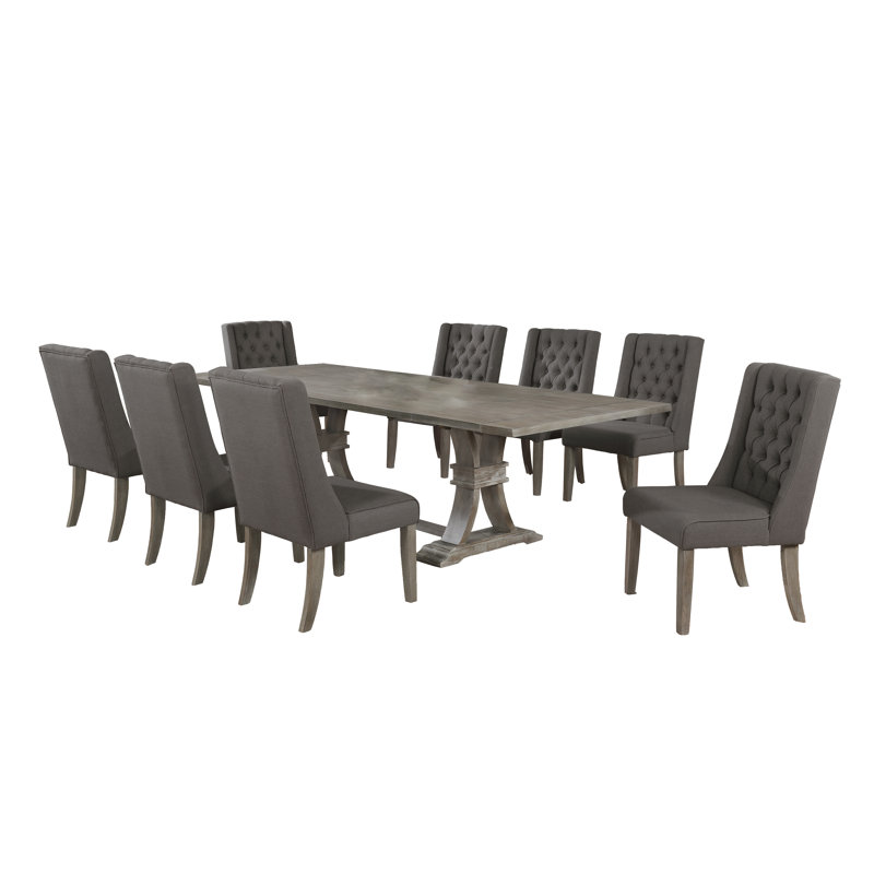 Table de salle à manger à rallonge en bois rustique de 72 po à 104 po avec chaises en lin capitonnées Dions, 9, Gris