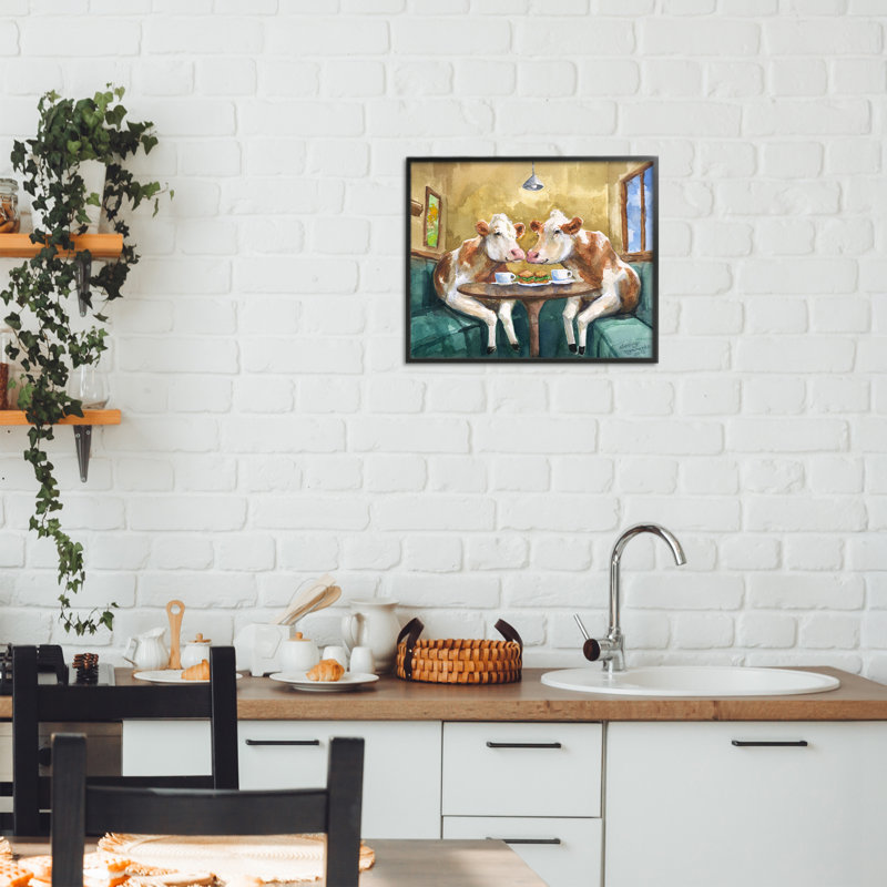 «Two Cows Cafe Brunch», estampe numérique, conception de George Dyachenko, H 11 po x l 14 po, Giclée encadrée noir minuit