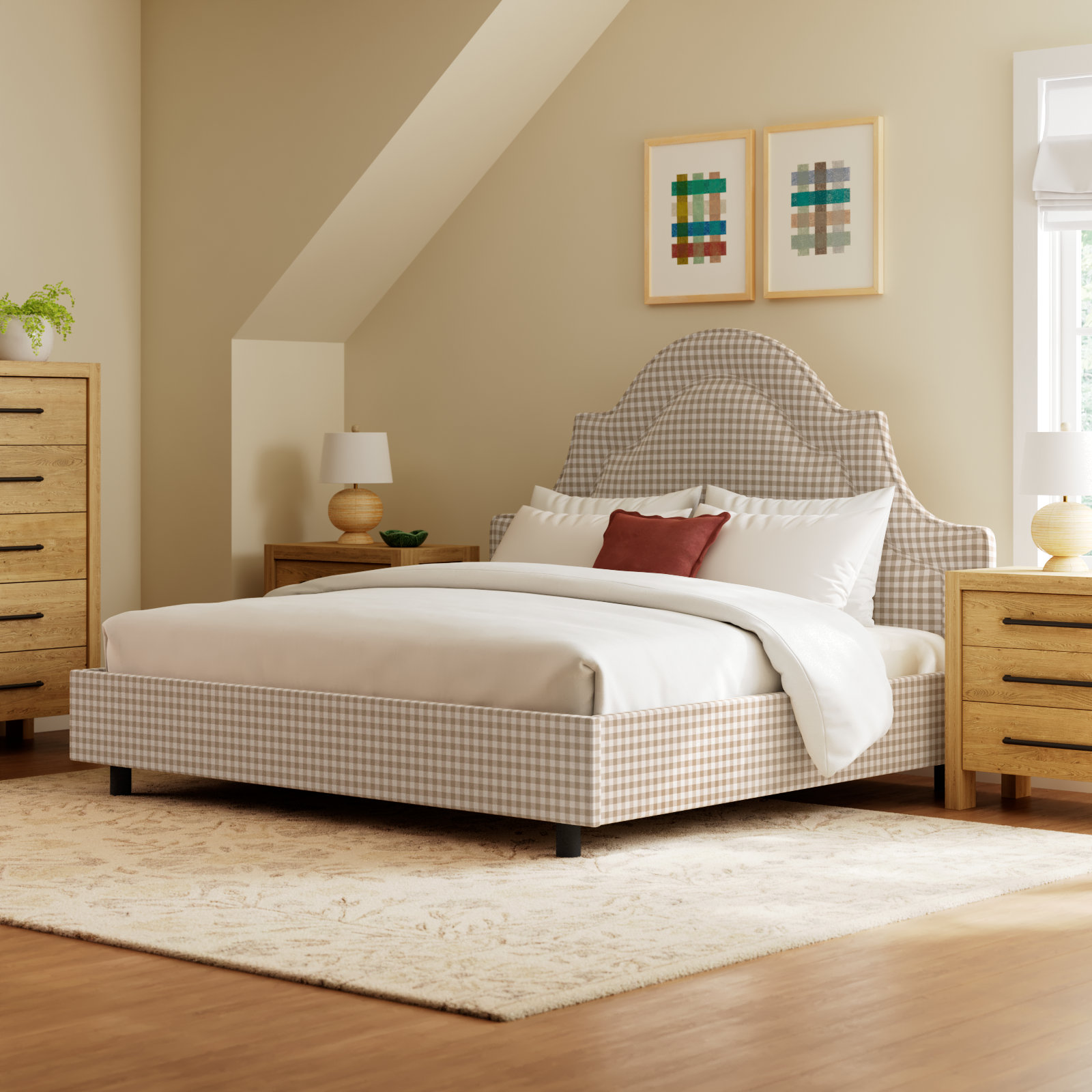 Knipe Upholstered Scalloped Bed, King, Classic Gingham Tan
