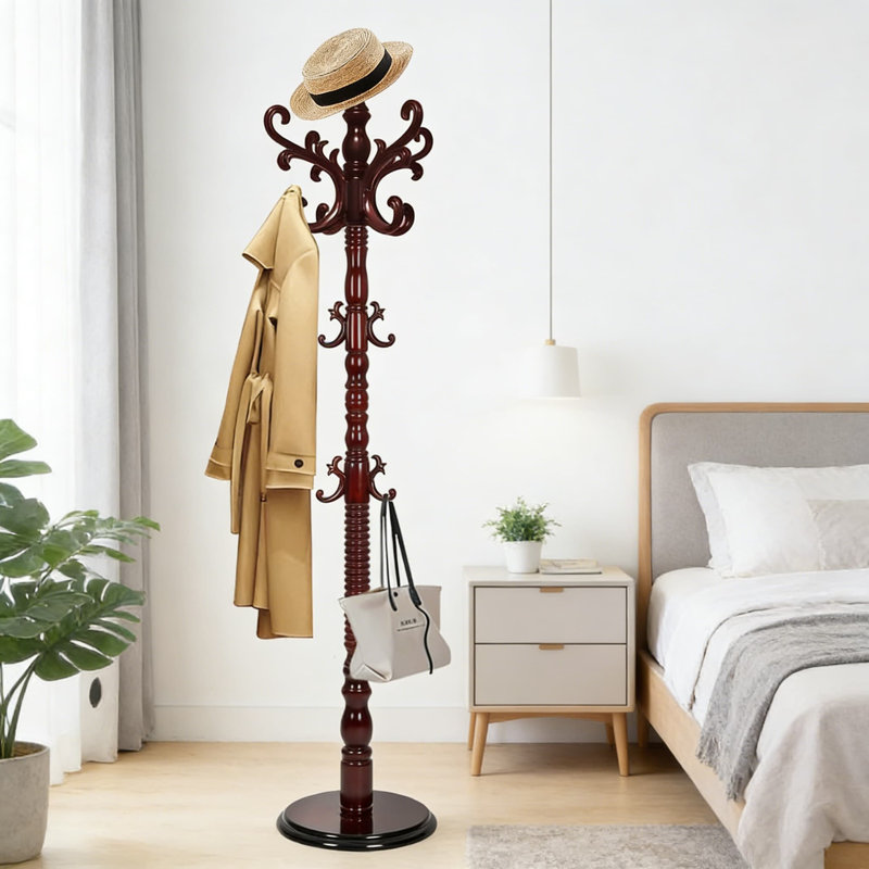Freestanding Wooden Coat Rack With Sturdy Round Base, Adjustable Height Tree Stand With 14 Hooks For Entryway, Bedroom, Hallway, And Office