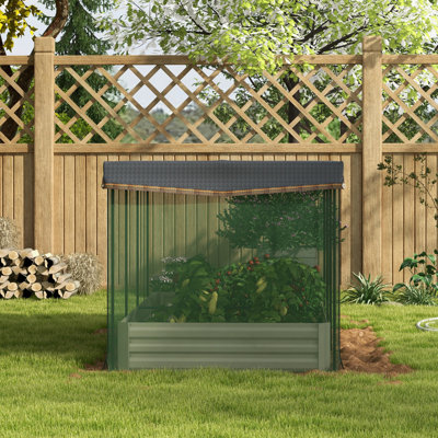 Lit de jardin surélevé galvanisé avec filet de protection des plantes en cage et toit en toile, pot à fleurs en métal avec couvercle pour légumes, fleurs, herbes,