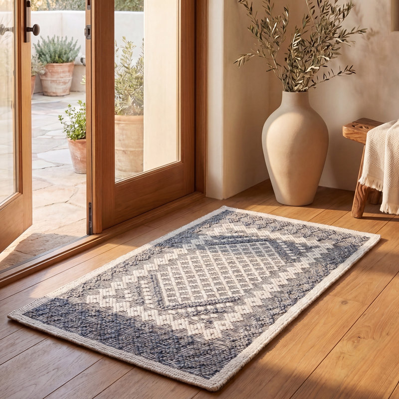Tapis bleu marine / crème en laine / coton tissé à la main Segrest Natura, Rectangle 3 pi x 5 pi
