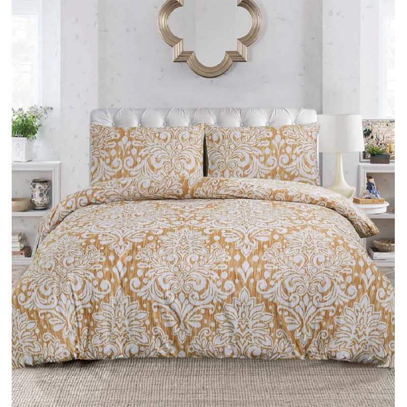Cotton Duvet Cover Set with Pillowcases Included, Kingsize Duvet Cover Set + 2 Standard Pillowcases, Gold Damask
