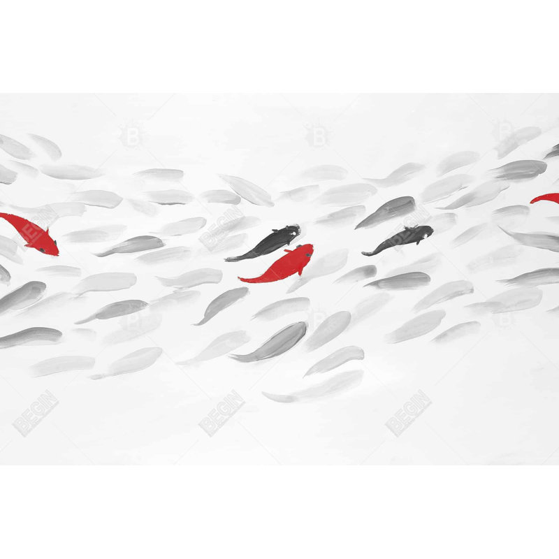 Vagues de poissons nageant - Toile rouge aquatique pour la décoration intérieure, H 36 po x l 24 po