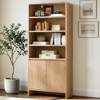 Dulane 71"H×32"W Modern 6-Tier Bookcase with 2 Doors & Adjustable Shelves & Rounded Edges,Natural