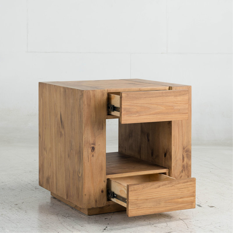 End Table With Oak Finish And Functional Storage Drawers Rectangular - Practical Stylish Thickened Top, Wheels Features