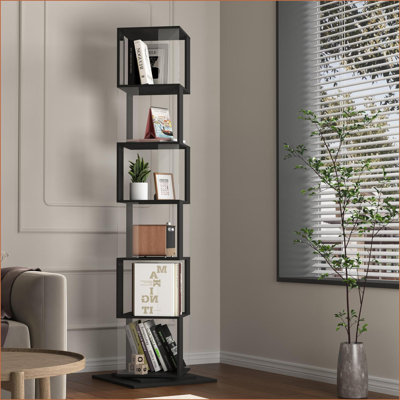 Bibliothèque, minimaliste moderne rotative à 360 ° à 6 niveaux avec base anti-bourre | Placage de bois et acrylique transparent | Panneau de particules | Noir