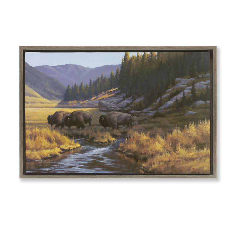 "Bison Trailer Serene Stream", art mural encadré par Floater, H 21 po x l 31 po, Cadre flottant orme Montalcino