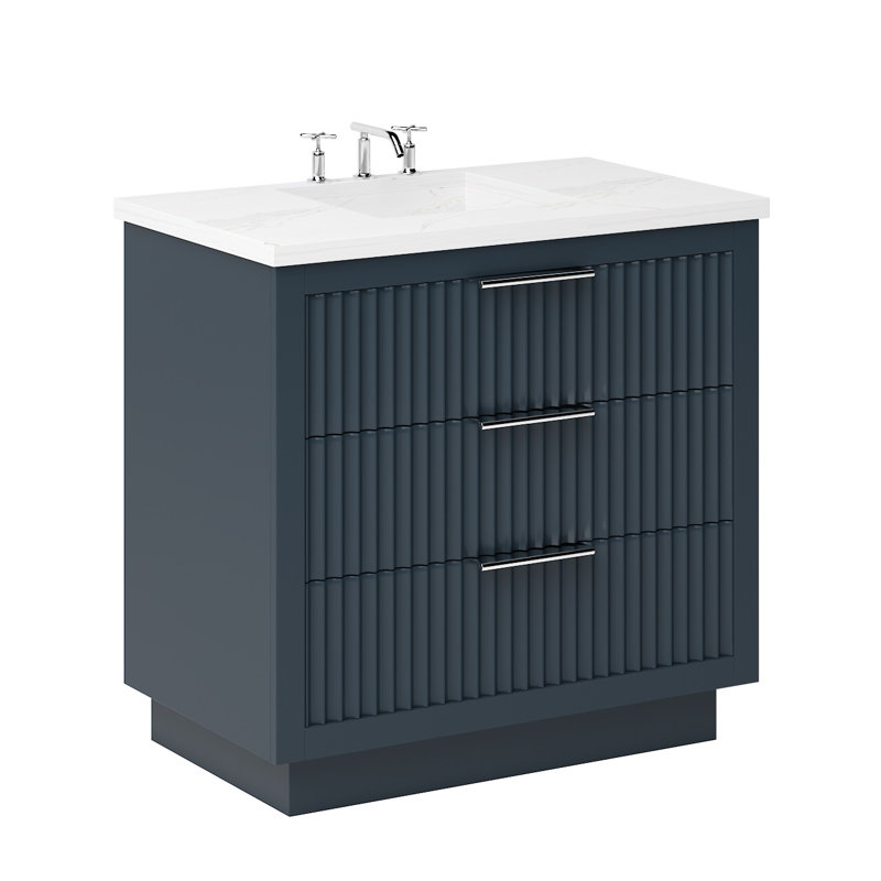 Lecrieú Three-Drawer Single Bath Vanity, 36", Polished Chrome, Hague Blue