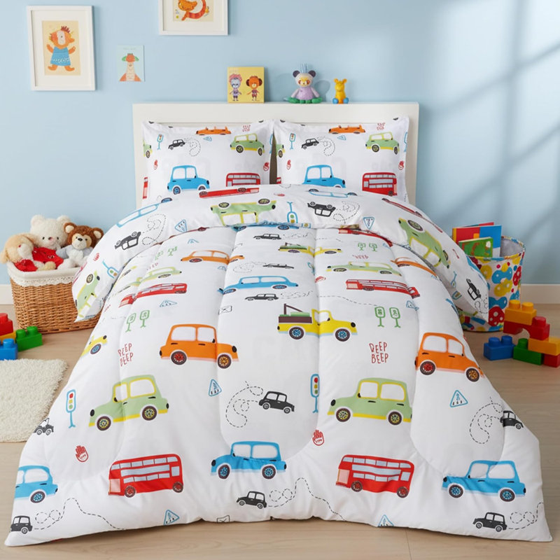 Utopia Bedding Car Kids Comforter Set with 2 Pillow Shams, 3 Piece Soft Microfiber Twin Bed Comforter with Pillow Shams, Printed Kids Bedding for Boys and Girls, Lightweight, Breathable,Easy Care