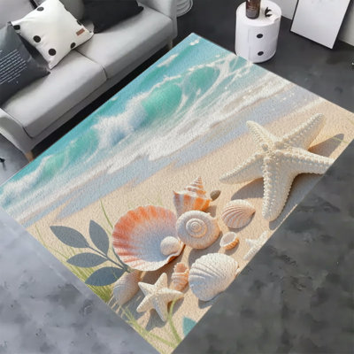 Tapis en velours doux et moelleux à motif coquillage et étoile de mer pour salon et chambre, antidérapant et lavable, style minimaliste moderne, 100 x 160 cm.