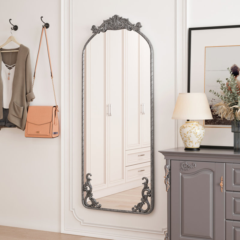 58"X24" Arched Full Body Mirror With Vintage Ornate Carved Applique On Top And Bottom, Hanging Wall Mounted Mirror, For Living Room Bedroom Retro Home Decor Mirror, Mirror