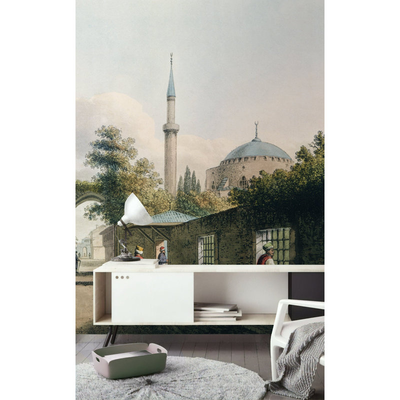 Papier peint amovible art vintage paysage urbain médiéval, L 9 po x l 15 po