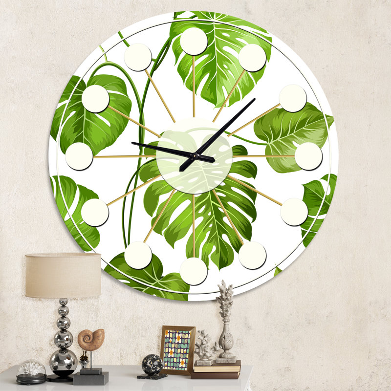 Tropical Palm Leaves II - horloge murale moderne Mid-Century, Moyenne