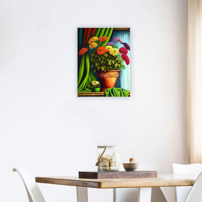 Décoration murale sur toile verte avec fleurs de souci colorées vertes 24 po x 18 po