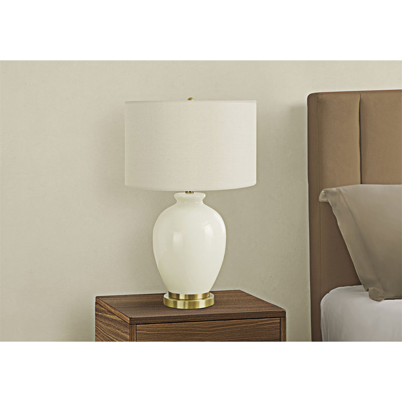 Lampe de table en céramique avec base en vase crème et abat-jour en lin ivoire, avec interrupteur à 3 voies