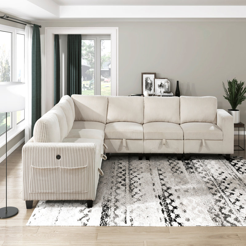 7-Piece Modular Sectional with Storage Seats, Side Pockets, Charging Ports Beige Corduroy Fabric Modern Living Room Sectional Couch Solid Wood Furniture