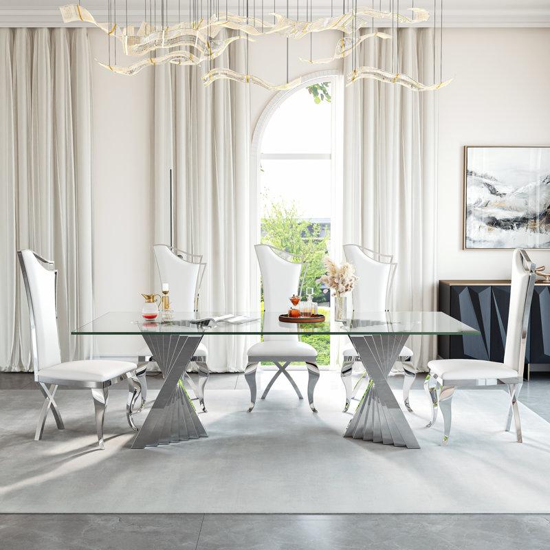 8 - Person Glass Top Double Pedestal Dining Set, Silver, White/Silver